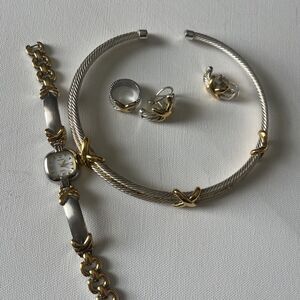 Premier Designs Jewelry Set Two Tone Gold And Silver Chocker, Watch, Ring, Ear
